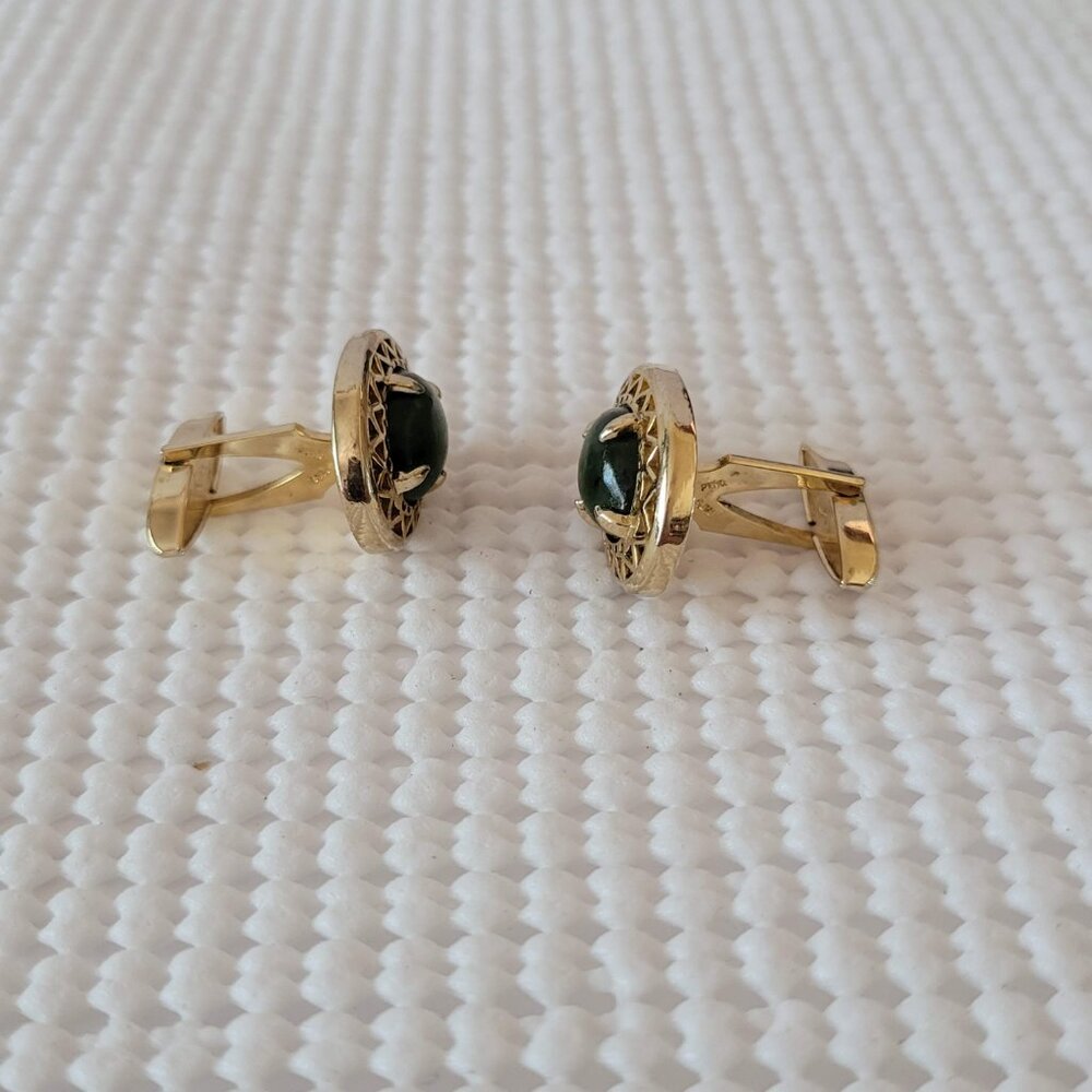 Swank Gold Tone Open Work Emerald Green Cabochon Oval Men's Cufflinks Marked S - Picture 4 of 7